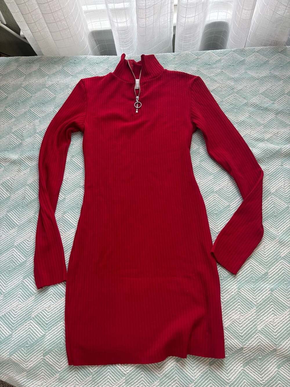 Topshop Red Ribbed Long Sleeve Zip-Up Mini Dress Size US 4